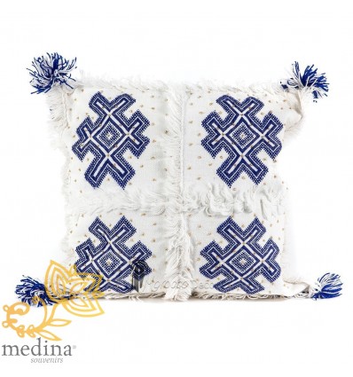 Coussin vintage berbere 100 laine vierge tissé main blanc motifs bleus avec ses pompoms de laine