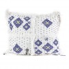 Coussin vintage berbere 100 laine vierge tissé main blanc motifs asymétriques bleus