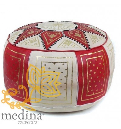Moroccan Red and white leather Fassi pouffe_ Pouf Leather Ottoman Poof Pouffe pouffes hassock Footstool Beanbag leather pillow