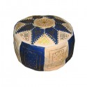 Moroccan Ivory and navy blue white leather Fassi pouffe_ Pouf Leather Ottoman Poof hassock Footstool Beanbag leather pillow