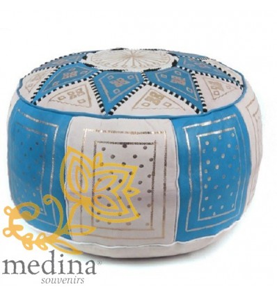 Moroccan White and turquoise leather Fassi pouffe_ Pouf Leather Ottoman Poof pouffes hassock Footstool Beanbag leather pillow