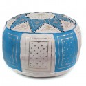 Moroccan White and turquoise leather Fassi pouffe_ Pouf Leather Ottoman Poof pouffes hassock Footstool Beanbag leather pillow