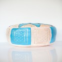 Moroccan White and turquoise leather Fassi pouffe_ Pouf Leather Ottoman Poof pouffes hassock Footstool Beanbag leather pillow