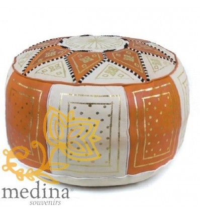 Moroccan White and orange leather Fassi pouffe_ Pouf Leather Ottoman Poof pouffes hassock Footstool Beanbag leather pillow