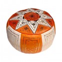 Moroccan White and orange leather Fassi pouffe_ Pouf Leather Ottoman Poof pouffes hassock Footstool Beanbag leather pillow