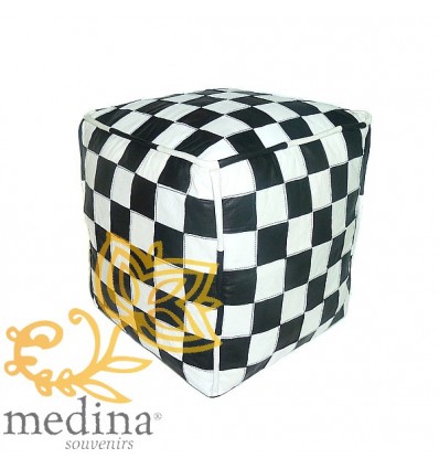 Black and white leather pouffe in square design_ hand made leather moroccan pouf foot stool