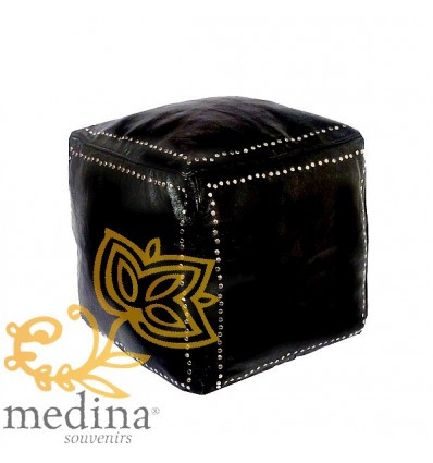 Black square leather pouffe with silver buttons_ hand made leather moroccan pouf foot stool