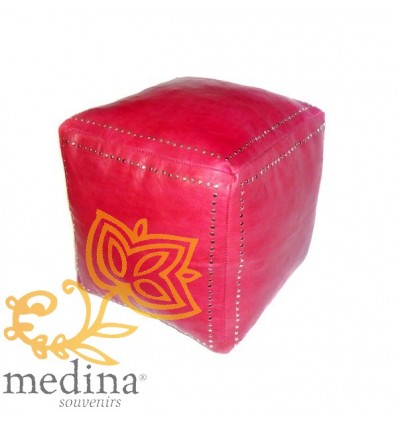 Red square leather pouffe with silver buttons_ hand made leather moroccan pouf foot stool