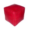Red square leather pouffe with silver buttons_ hand made leather moroccan pouf foot stool