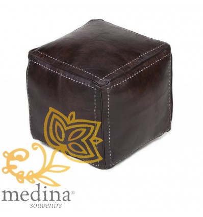 Chocolate-brown square stitched-leather pouffe_ hand made leather moroccan pouf foot stool