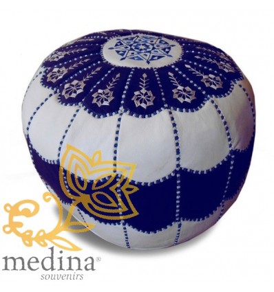Moroccan Pouf Leather Ottoman Poof pouffes hassock Footstool leather pillow_ White and blue leather pouffe Moroccan arch design-