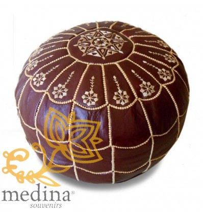 Pouf marocain design arcade en cuir caramel et broderie creme_ pouf en cuir véritable fait main