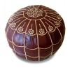 Pouf marocain design arcade en cuir caramel et broderie creme_ pouf en cuir véritable fait main